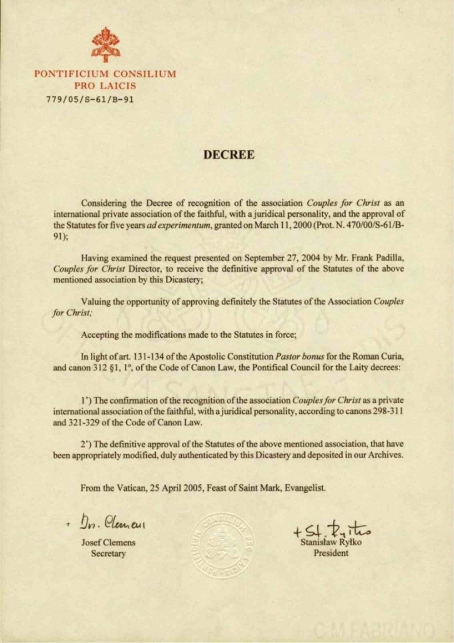 Pontifical Council for the Laity Decree